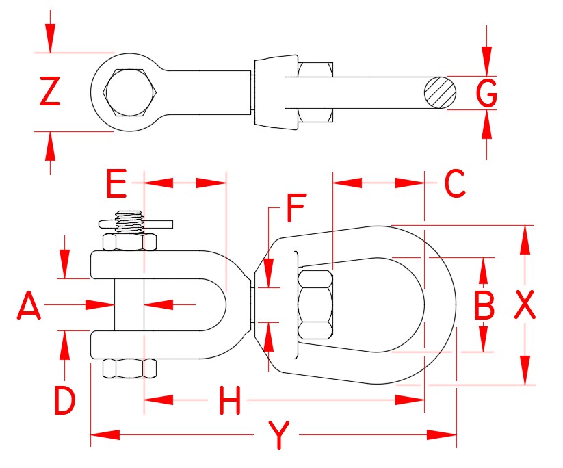 Stainless Steel Fed. Spec. Jaw & Eye Swivel, Fed. Spec.: RR-C-271F Type VII, Class 3, S0155-FS07, S0155-FS08, S0155-FS10, S0155-FS13, S0155-FS16, Line Drawing
